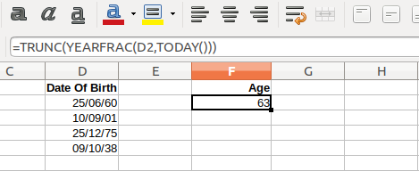 Age calculation in Spreadsheet
